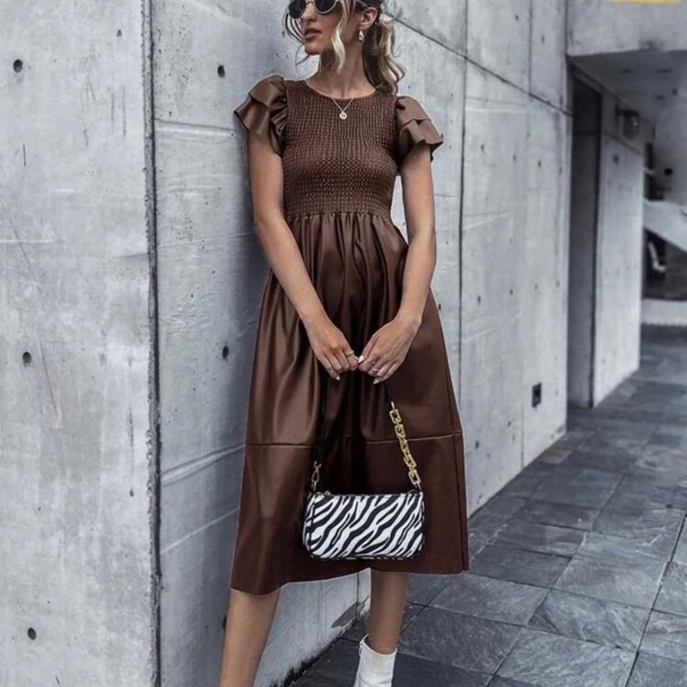 NEW FAUX LEATHER BUTTERFLY SLEEVE DRESS-SM